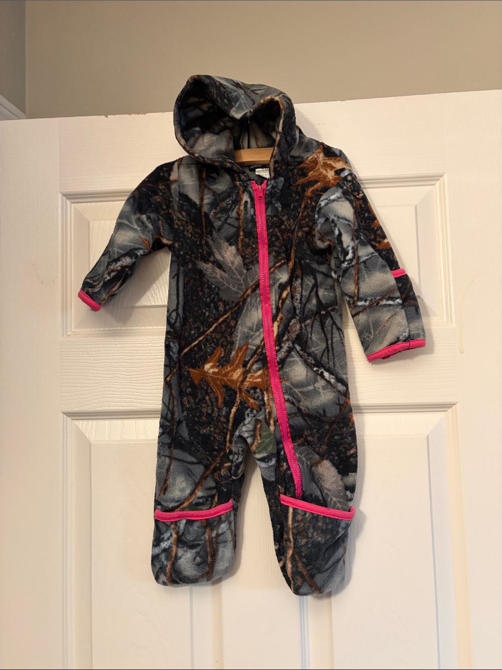 Burly Girl Baby Fleece Hooded One-Piece in Realtree Camo with Pink Trim